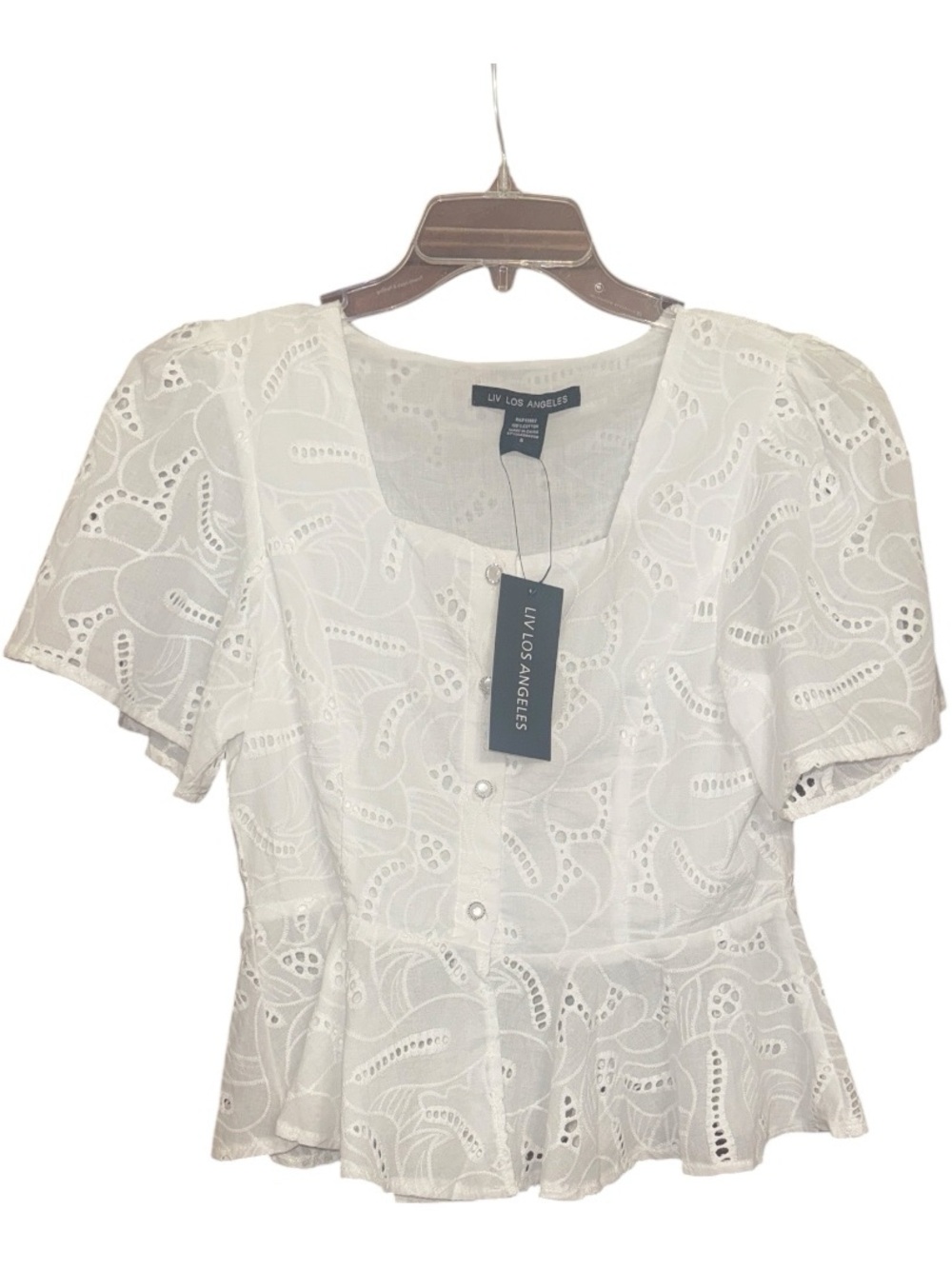 White Eyelet Peplum Button-Front Top